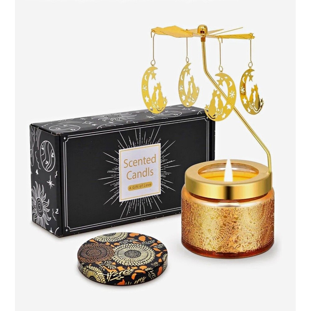 Kunrsug Rotating Lavender Scented Jar Candle Set, 2-Pack Glass/Metal Floral